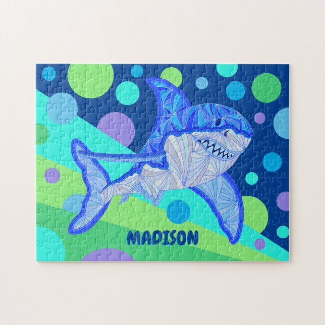 Blue Shark Great White Cool Personalized Kids Jigsaw Puzzle (Horizontal)