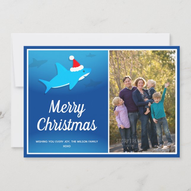 Blue Shark in Santa Hat Christmas Flat Holiday Card (Front)