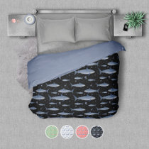 Blue Shark Jellyfish Watercolor Pattern | Black Duvet Cover