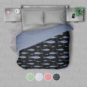 Blue Shark Jellyfish Watercolor Pattern Black Duvet Cover