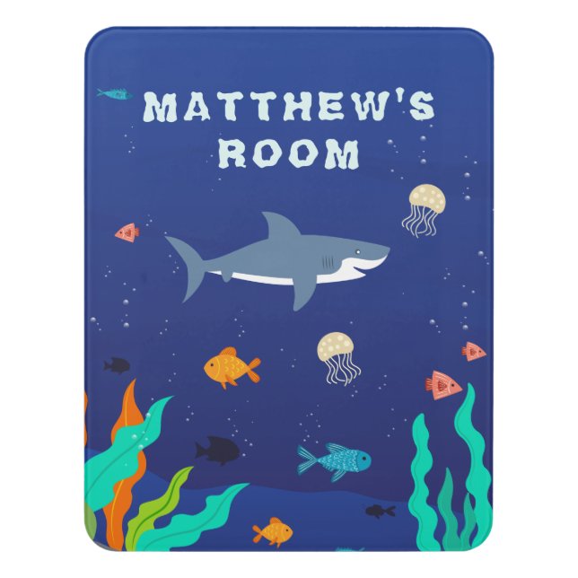 Blue Shark Kids Room Door Sign (Contemporary Vert)