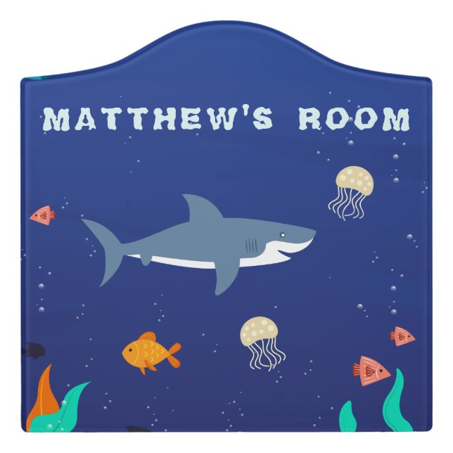 Blue Shark Kids Room Door Sign (Large Crest Front)