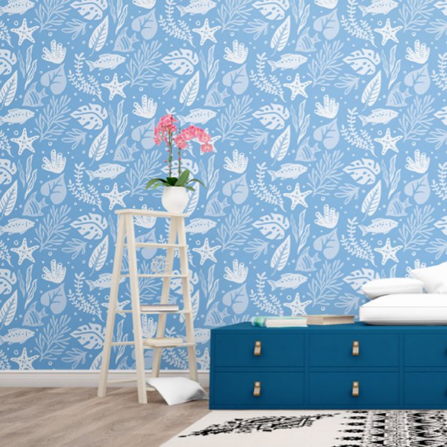 Blue Shark Leaves Starfish Fish Ocean Pattern Wallpaper (Creator Uploaded)