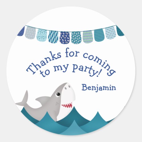 Blue Shark Nautical Birthday Favor Thank You Classic Round Sticker