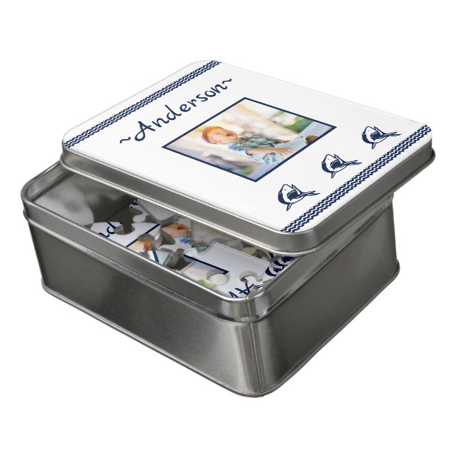 Blue Shark Nautical Navy Photo Frame Jigsaw Puzzle (Lid Open)