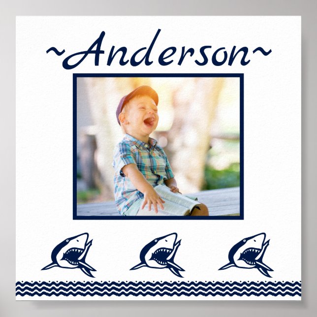 Blue Shark Nautical Navy Photo Frame Poster (Front)