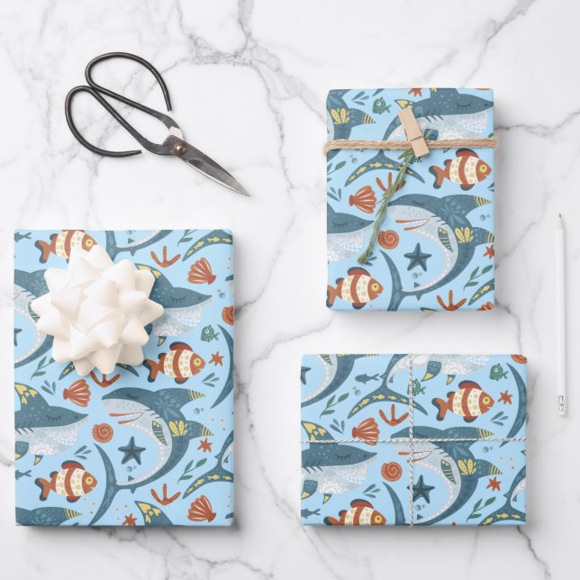 Blue Shark Ocean Sea Fish Animal Birthday Wrapping Paper Sheets (Front)