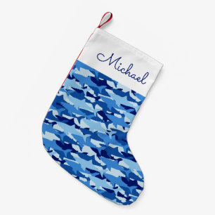 Blue Shark Pattern   Add Your Name Small Christmas Stocking
