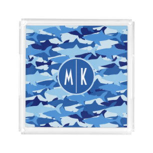 Blue Shark Pattern   Monogram Acrylic Tray