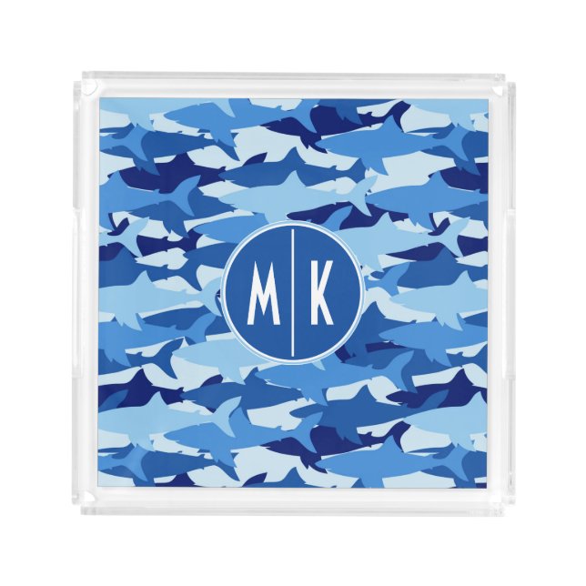 Blue Shark Pattern | Monogram Acrylic Tray (Front)
