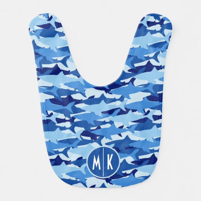 Blue Shark Pattern | Monogram Baby Bib (Front)