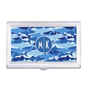 Blue Shark Pattern Monogram Business Card Holder