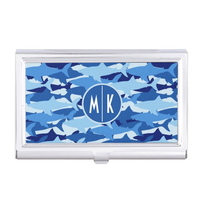 Blue Shark Pattern | Monogram Business Card Holder (Front)