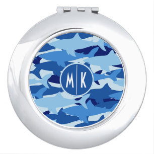 Blue Shark Pattern   Monogram Compact Mirror
