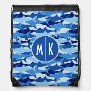 Blue Shark Pattern   Monogram Drawstring Bag