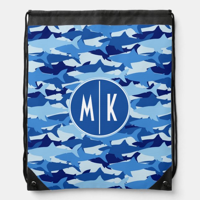 Blue Shark Pattern | Monogram Drawstring Bag (Front)
