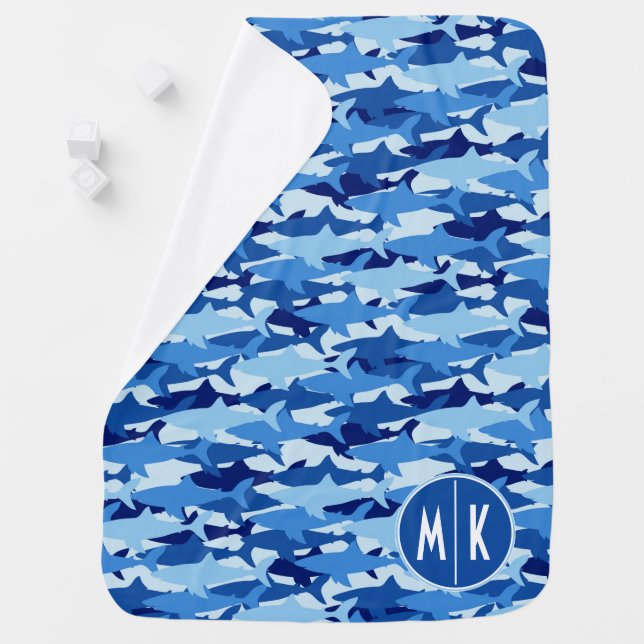 Blue Shark Pattern | Monogram Swaddle Blanket (In Situ)