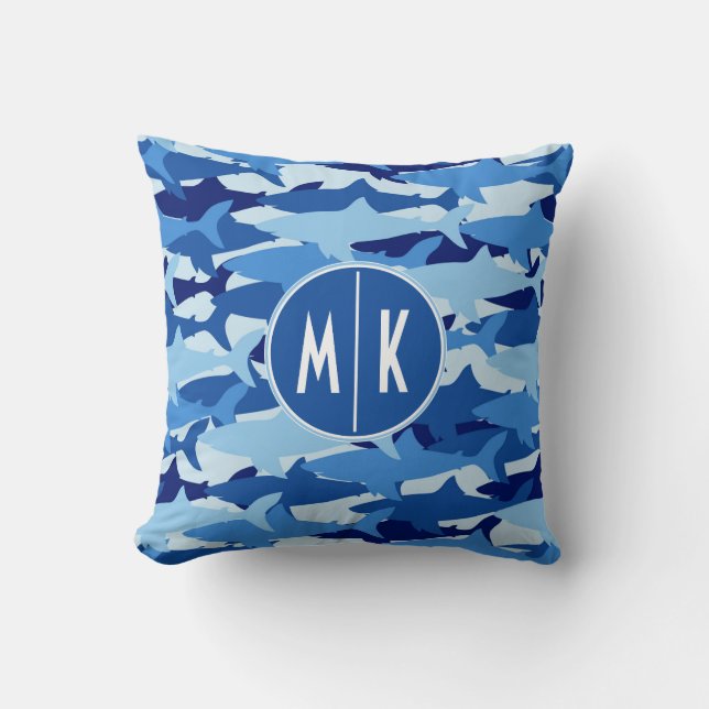 Blue Shark Pattern | Monogram Throw Pillow (Front)