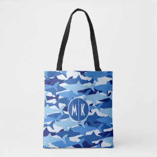 Blue Shark Pattern Monogram Tote Bag