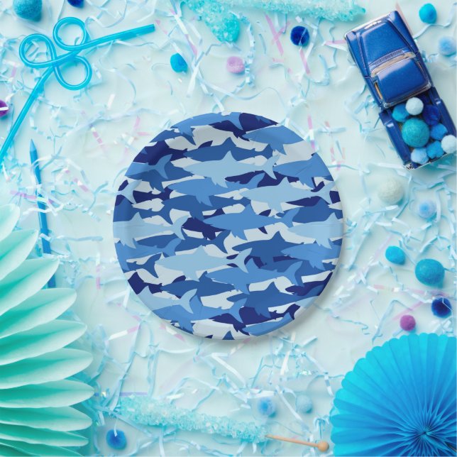 Blue Shark Pattern Paper Plates (Party)
