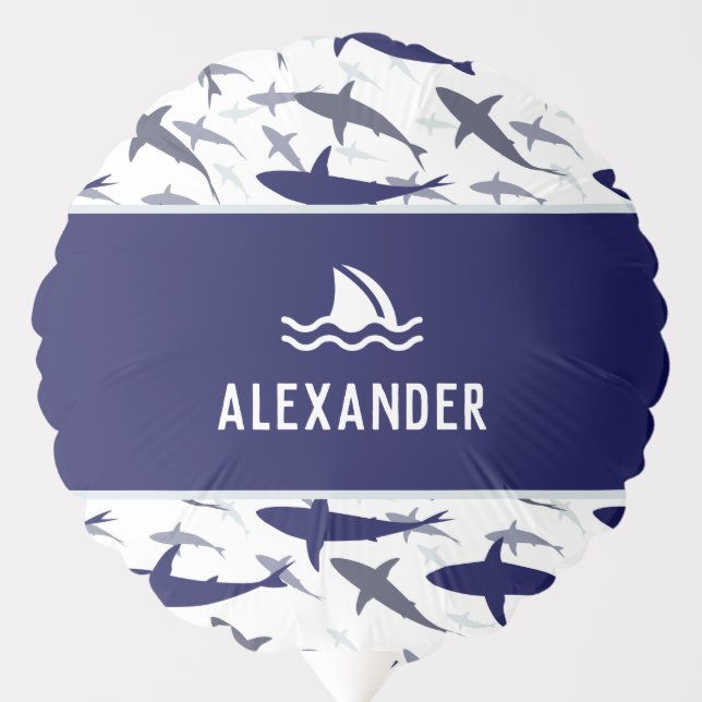 Blue Shark Pattern with Name Boy Birthday Party Balloon (Front)