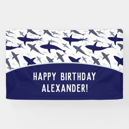Blue Shark Pattern with Name Boy Birthday Party Banner