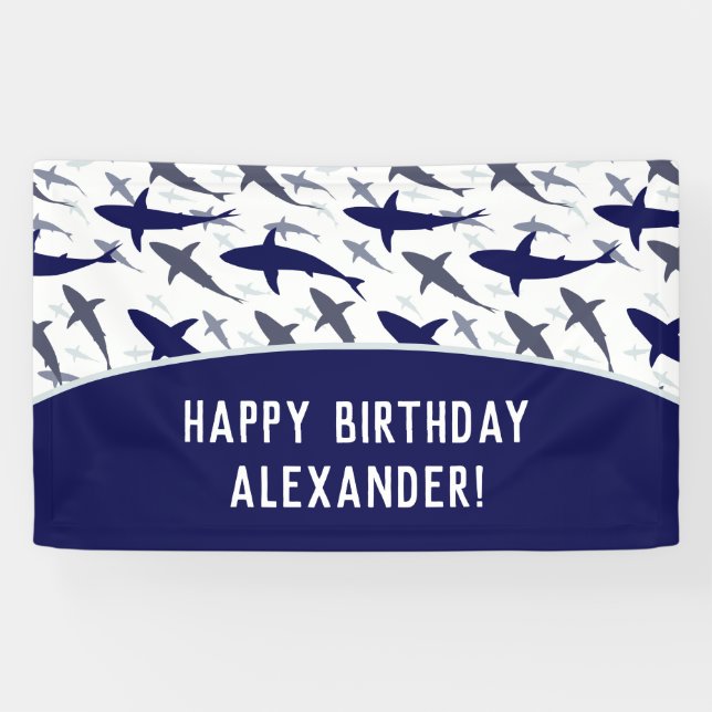 Blue Shark Pattern with Name Boy Birthday Party Banner (Horizontal)