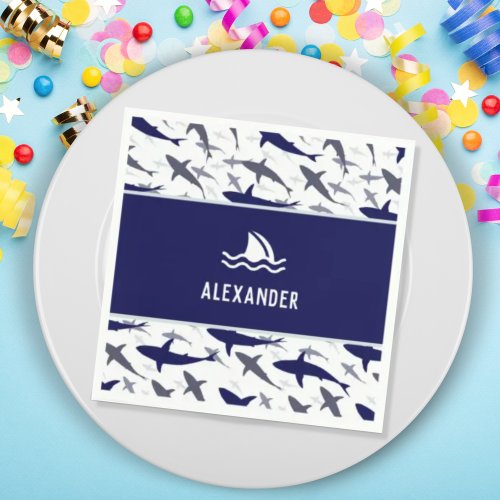 Blue Shark Pattern with Name Boy Birthday Party Napkins