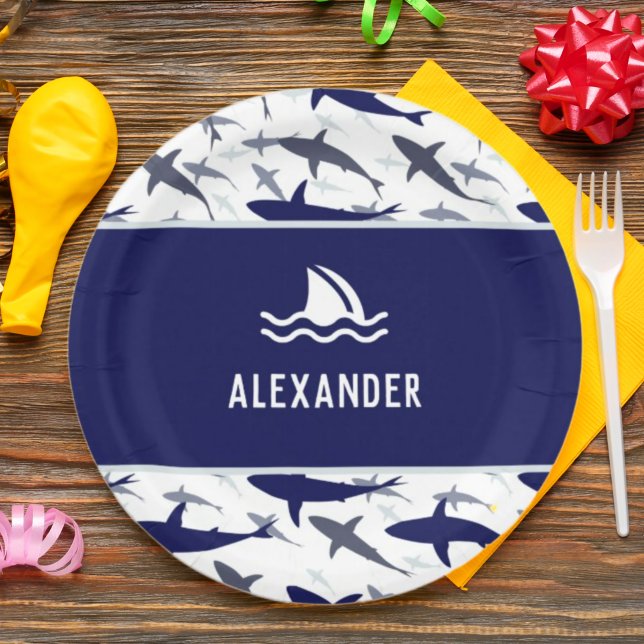 Blue Shark Pattern with Name Boy Birthday Party Paper Plates (Creator Uploaded)