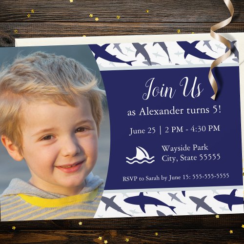 Blue Shark Pattern with Photo Boy Birthday Party Invitation