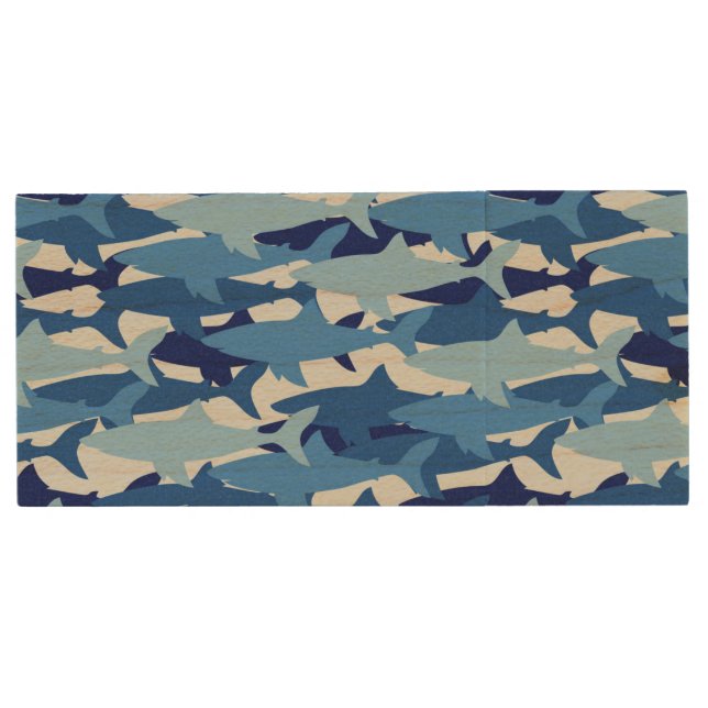 Blue Shark Pattern Wood Flash Drive (Front)