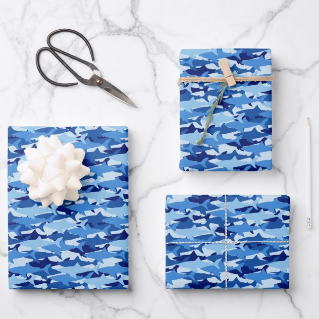 Blue Shark Pattern Wrapping Paper Sheets (Front)