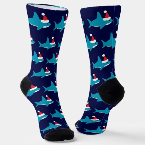 Blue Shark Santa Hat Christmas Socks