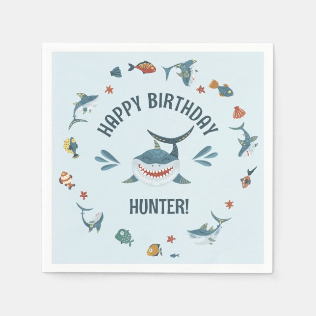 Blue Shark Themed Birthday Party Napkins (Front)