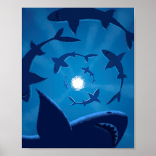Blue Shark White Moon Undersea Poster