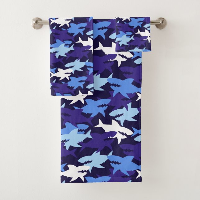 Blue Sharks Camouflage Pattern Bath Towel Set (Insitu)