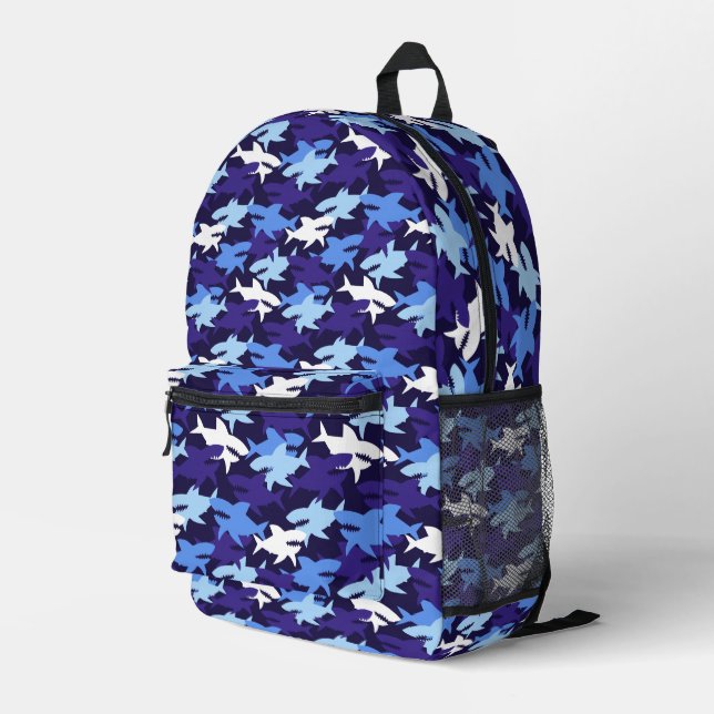Blue Sharks Camouflage Pattern Printed Backpack (Back Corner Right)