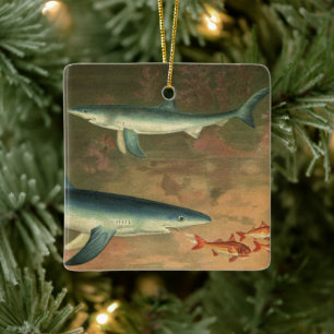 Blue Sharks Eating Fish, Vintage Marine Life Ceramic Ornament