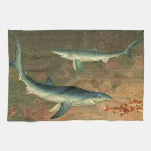 Blue Sharks Eating Fish, Vintage Marine Life Kitchen Towel