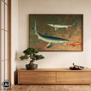 Blue Sharks Eating Fish, Vintage Marine Life Poster