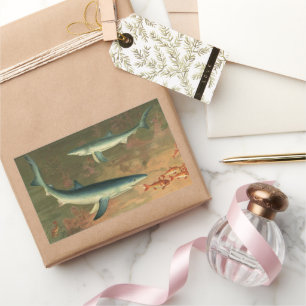 Blue Sharks Eating Fish, Vintage Marine Life Rectangular Sticker