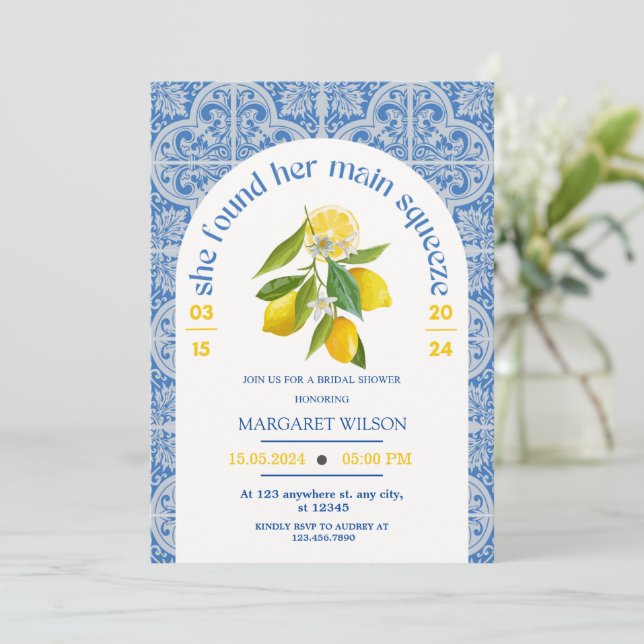 Blue she found her main squeeze bridal shower invitation (Standing Front)