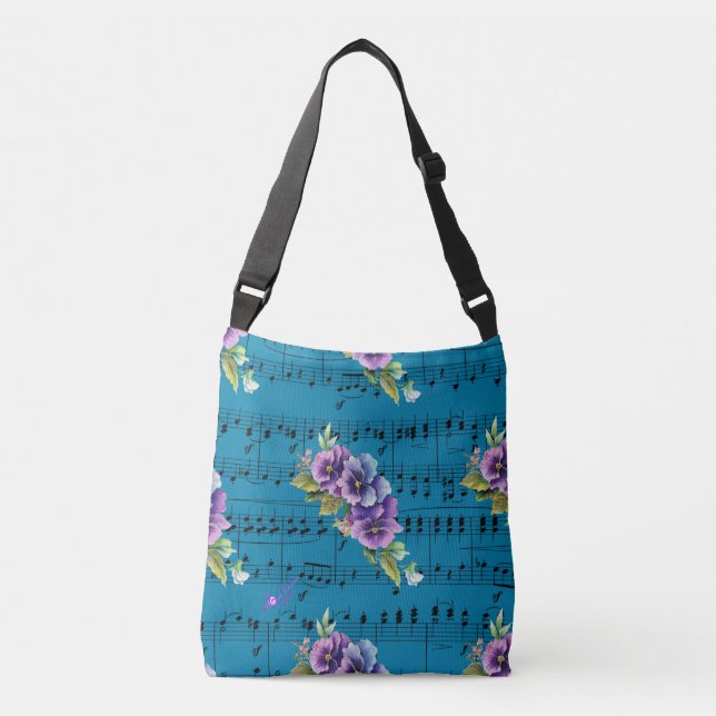 Blue Sheet Music Purple & Blue Flowers Crossbody Bag (Front)