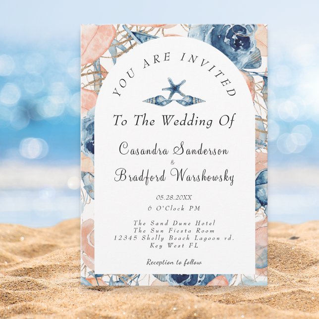 Blue Shell Flowers Watercolor Beach Wedding Invitation (Creator Uploaded)