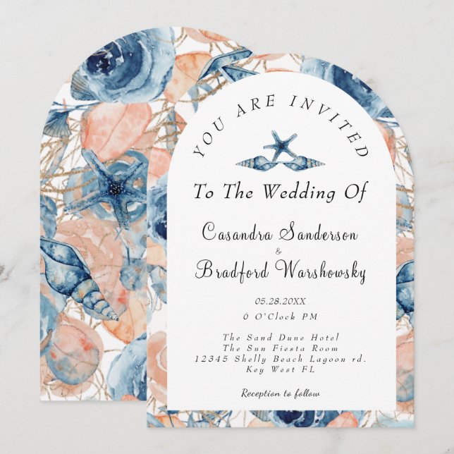 Blue Shell Flowers Watercolor Beach Wedding Invitation (Front/Back)