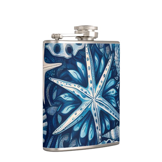 Blue Shells Beach Batik Starfish Nautical Theme Flask (Right)