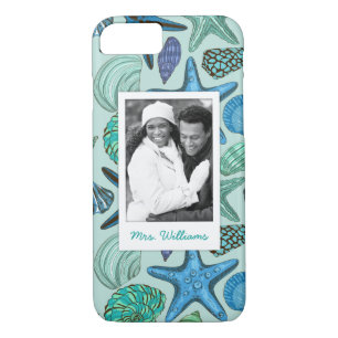 Blue Shells & Starfish Pattern Your Photo & Name iPhone 8/7 Case