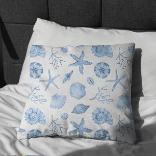 Blue Shells Watercolor Throw Pillow