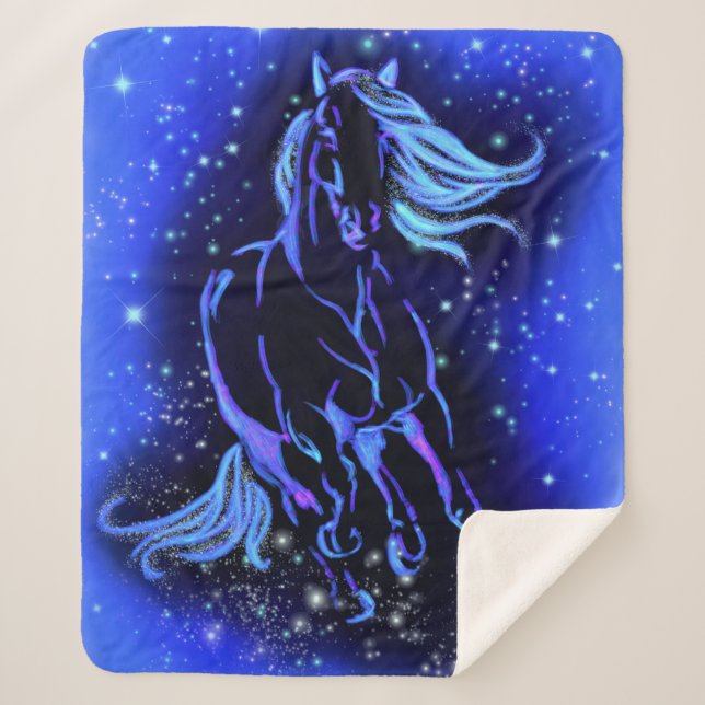 Blue Sherpa Blanket Horse Running At Night  (Front)