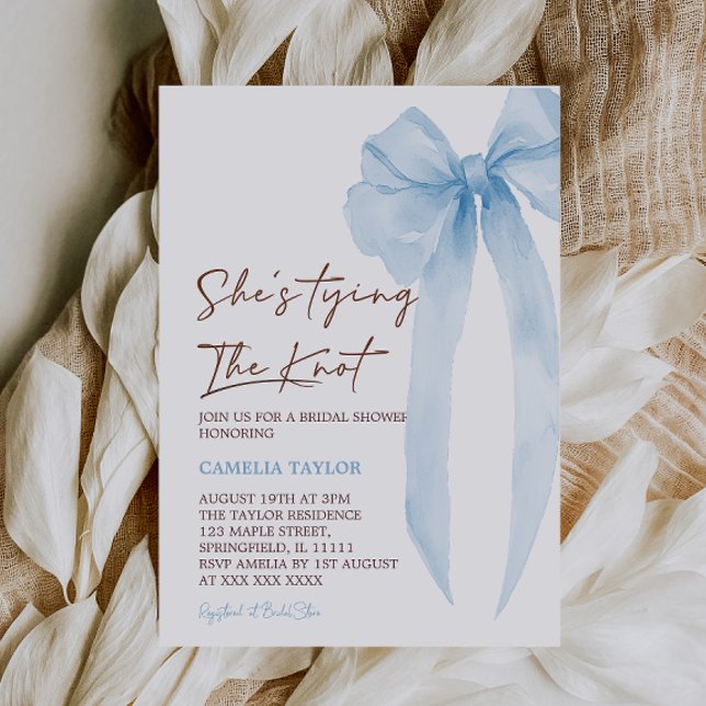 Blue She's Tying The Knot Bow Bridal Shower Invitation (Creator Uploaded)